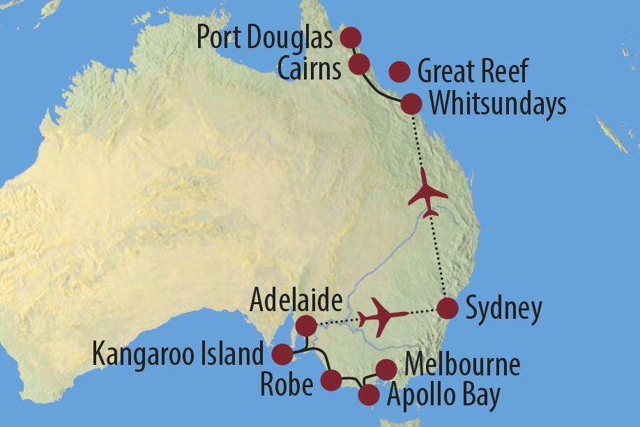 Nach einem Stopp in Sydney fliegen Sie zu den Whitsunday Inseln und folgen von dort der Küste bis ins tropische Port Douglas.