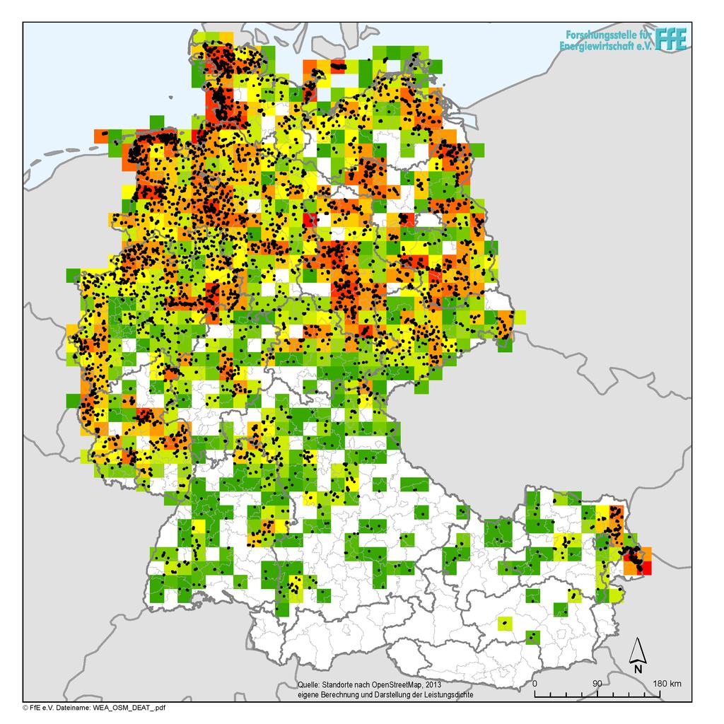 Windkraft in Deutschland und Österreich Visualisierung der Leistungsdichte im quadratischen Raster Windkraft Leistungsdichte 0-3 MW/400 km² 3-6 MW/400 km²