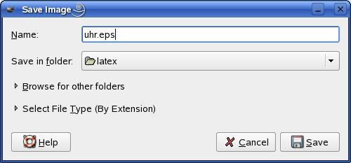 LaTeX benötigt Grafiken im.eps Format > gimp uhr.png Menü File / Save As... Name: uhr.