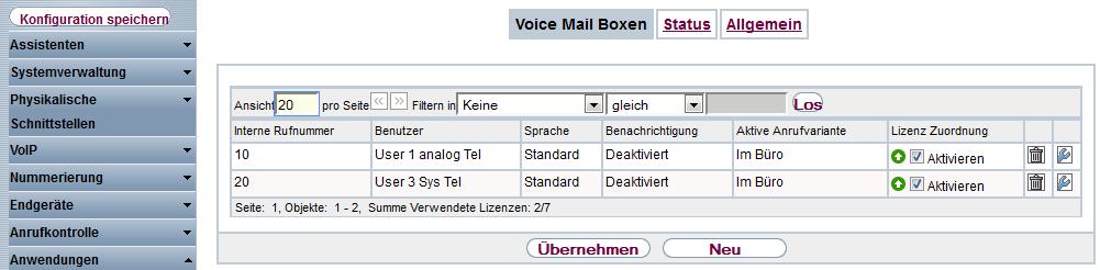 Voreinstellungen 2 2.4 Voice Mail Boxen Standardmäßig sind zwei Voice Mail Boxen eingerichtet.