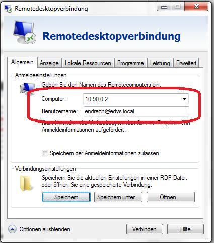 3. Bei Computer geben Sie den PC-Namen oder die IP-Adresse ein. Diese wurde Ihnen vom EDV Service GbR mitgeteilt. Bei Benutzernamen geben Sie Ihren Windows-Anmeldenamen gefolgt von @edvs.local ein.