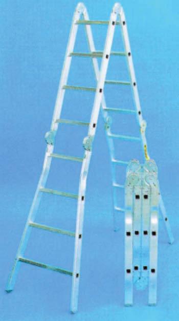 Bauarten Einteilige Mehrzweckleitern mit Ge - lenken werden aus Stahl oder Alumi - nium in mehreren Baulängen hergestellt und bestehen aus zwei, drei oder vier Leiterabschnitten, die durch