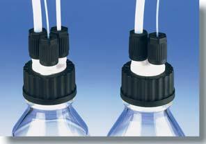 OL-Flaschen-Mehrfachverteiler aus Fluorkunststoff oder Polypropylen. Mit GL-Gewinde-Hälsen zum nschließen von Schläuchen oder Rohren. Passend für Flaschen mit Gewinde GL 45.