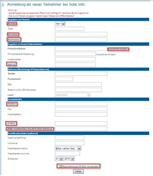 Es öffnet sich automatisch das Formular Anmeldung als neuer Teilnehmer bei hotel.
