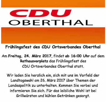 Oberthal - 24 - Ausgabe 12/2017 CDU Ortsverband Oberthal Briefwahl Liebe Mitbürgerinnen und Mirbürger, am Sonntag, dem 26. März 2017, findet die Landtagswahl statt.