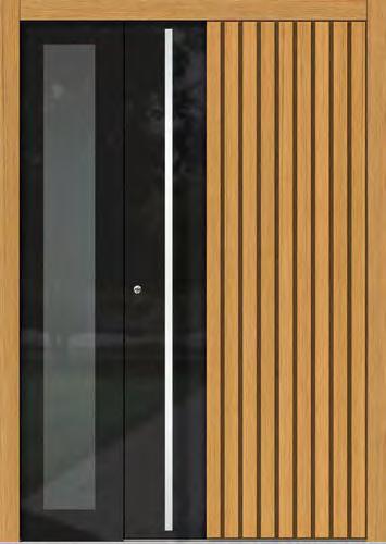 VTH311 Holzart: Eiche Türblatt aussen mit Holzleisten dekoriert Farbe: E12 Glas-Applikation aussen: Parsol grau, Email schwarz Griff: