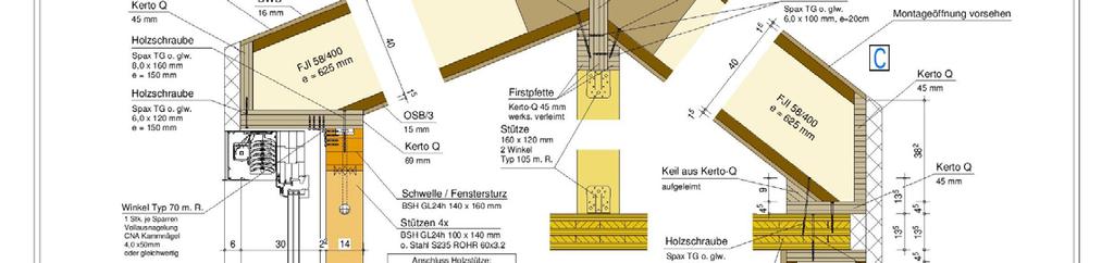 9. Konstruktion des Daches Die Dachkonstruktion ist analog zur Ausssenwand mit FJI-Trägern als vorgefertigtes Dachelement hergestellt.