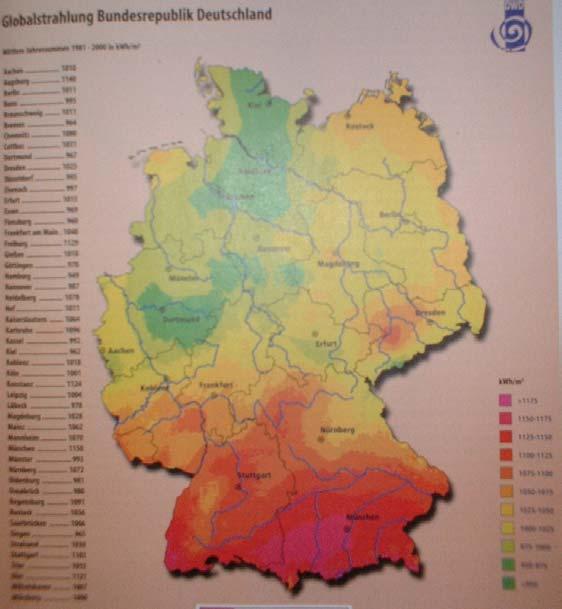 Basiswerte zur Wirtschaftlichkeitsberechnung Solarstrahlungsatlas, Globalstrahlung in D kwh / m2 ca.