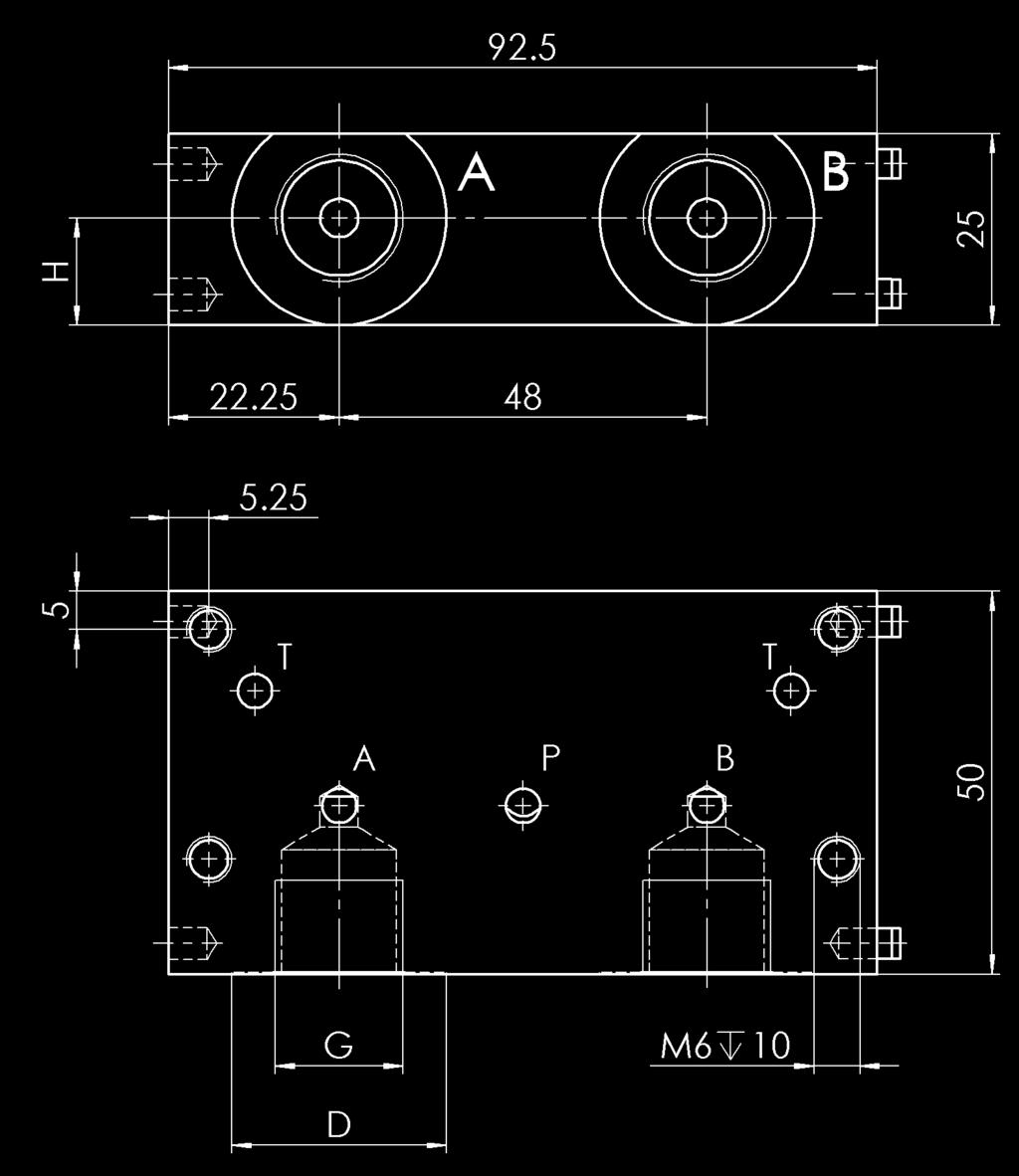 Anschlussplatten APH für 4/3-Ventil (Steuerfunktionen E, H und J) (Ventilverkettung - Beispiel siehe Seite 23) Anschlussgewinde Mass G* [ ] Mass H* [mm] Mass D* Ø [mm] G 1/4 15 25 0,35 3832581 G 3/8