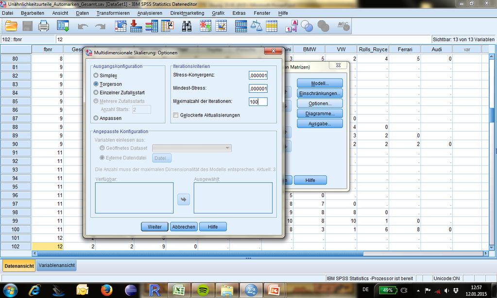 1. Multidimensionale Skalierung - Einstellungen in SPSS - Stress: 0.