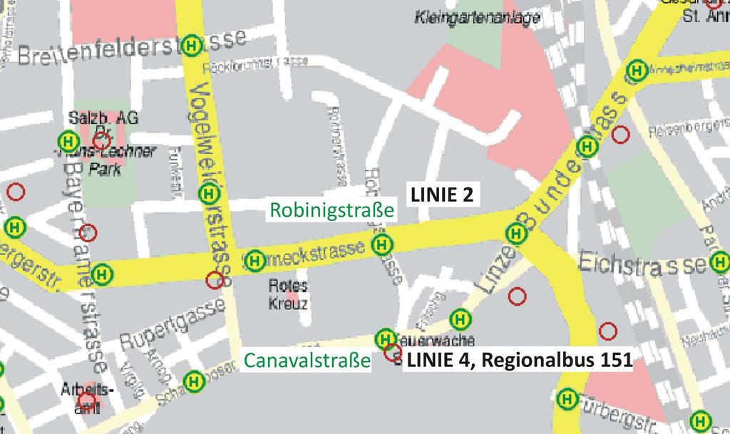3.4 Erreichbarkeit Öffentlicher Verkehr, Rad und Fußgänger Öffentlicher Verkehr Nördlich des Planungsgebietes verkehrt in der Sterneckstraße die Buslinie 2 (Walserfeld - Airport - Maxglan - Lehen -