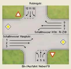 In der Abend-Spitzenstunde weist der Verkehrsstrom Robinigstraße => Schallmooser Hauptstraße (Mischstrom: R10+R11+R12) die Verkehrsqualität ungünstig auf.
