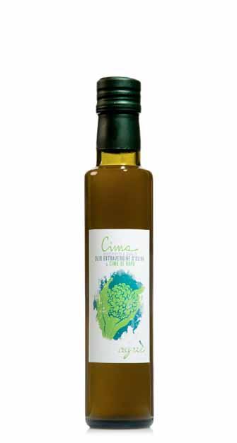 Cima Natives Olivenöl Extra aromatisiert mit Stängelkohl Mischung aus verschiedenen Sorten (Coratina / Ogliarola / Nociara) trübes Dunkelgrün 100ml / 250ml Flaschen 90 Meter über dem Meeresspiegel