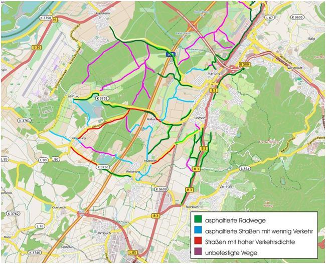 2. Verbindungen nach Westen - alte B3 im Süden und Norden Nach Westen gibt es zahlreiche Verbindungswege, die Karte zeigt die wichtigsten: Problematisch sind hier vor allem die L80 nach Halberstung