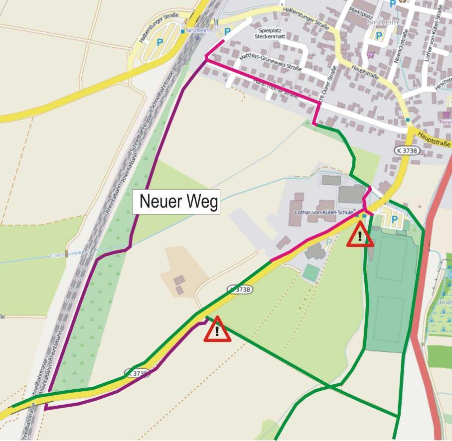 Fahrradweg nach Süden ab der Halberstunger Unterführung Hat man den südlichsten Punkt des Fahrradweges an der Haltestelle Sinzheim erreicht, so muss man ziemlich suchen, wie es weiter geht: Wie komme