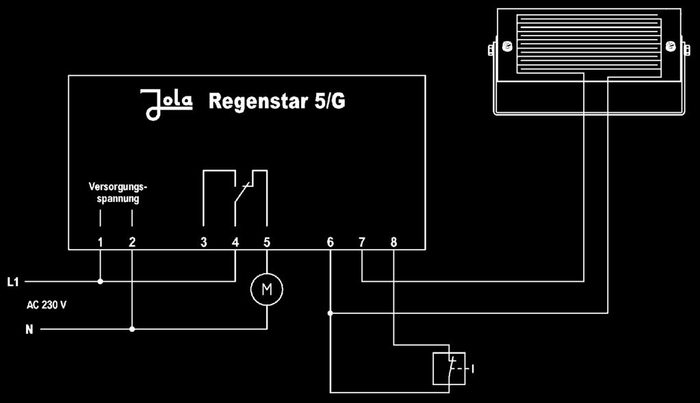 Prinzip-Anschlussbild Regensensor RS1 optionaler Taster für Selbsthaltung und Reset Kontaktdarstellung im stromlosen Zustand bzw.