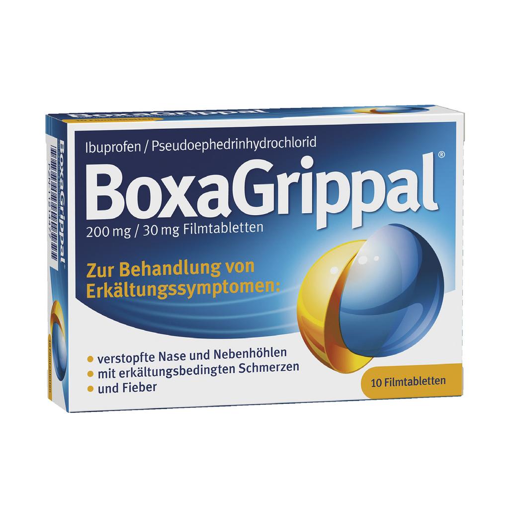 BoxaGrippal Filmtabletten Trotz Erkältung den Tag besser meistern lindert 5-fach wirksam Erkältungsbeschwerden Wirkstoffe: Ibuprofen, Pseudoephedrinhydrochlorid.