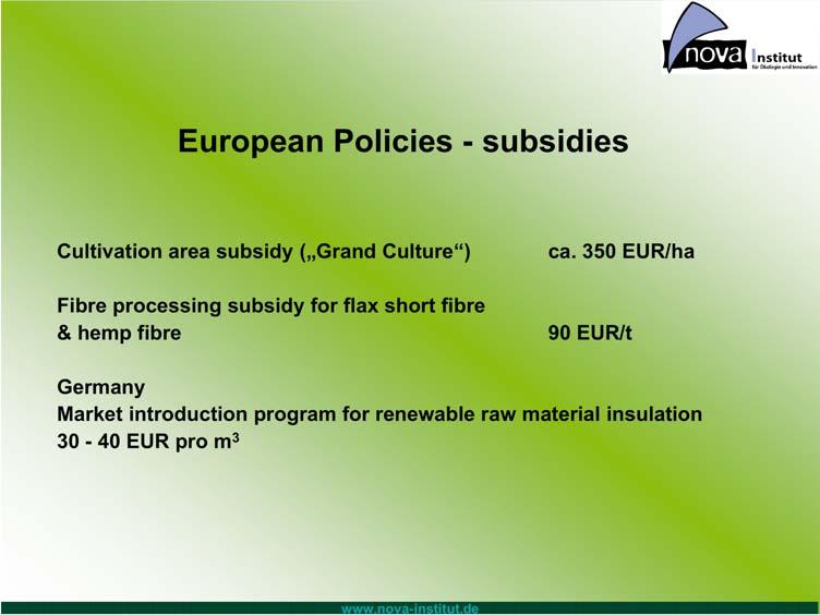 Hemp Cultivation Area in the EU (ha) European Policies - subsidies Hectar 45 4 35 3 25 2 15 1 5 1993 1994 1995 1996 1997 1998 1999 2 21 22 23 years Spain Others Austria Italy Germany UK Netherland