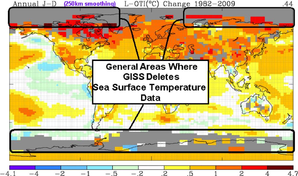 Karte von GISTEMP mit einem Abstand von 1200 km. GISS eliminiert Werte der Wassertemperatur im Polarmeer Die Hauptregionen, in denen GISS die Temperaturwerte eliminiert, zeigt Abb. 2.
