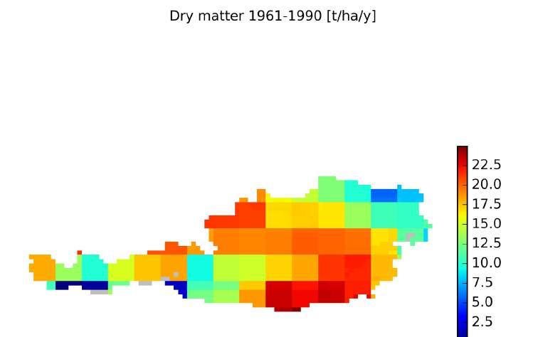 17. Österreichischer Klimatag, 6. 8. April 2016, Graz 129 Fig: Potential yield dry matter for Miscanthus in Austria in the year 2050 modelled under IPCC scenario A2 using MISCANFOR.