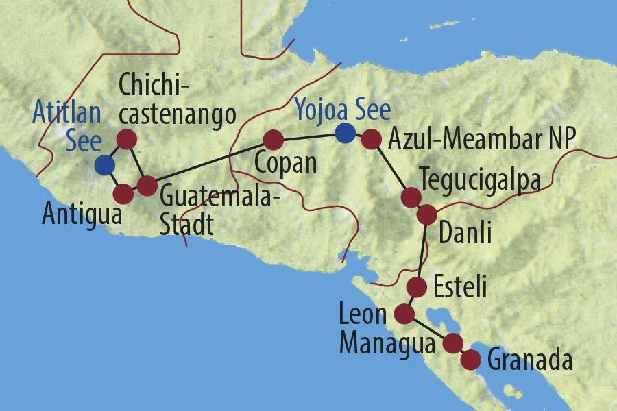 In Guatemala warten der farbenfrohe Hochlandmarkt von Chichicastenango, der Atitlan-See und die charmante Kolonialstadt Antigua (UNESCO) mit ihren zahlreichen Kirchen und authentischen Straßenzügen
