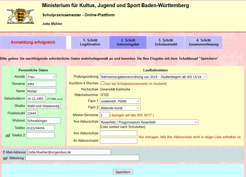 Schritt 2: Dateneingabe Bitte füllen Sie die benötigten Datenfelder Ihrer persönlichen Daten (grüner Bereich) und Ihrer Laufbahndaten (gelber Bereich) wahrheitsgemäß und vollständig aus.