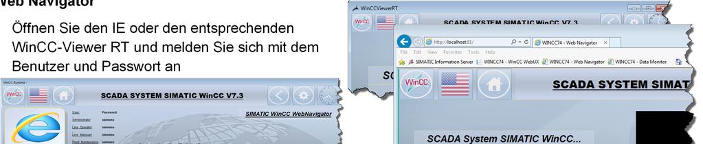 Web Navigator Das Demo-Projekt ist bereit für den Einsatz im Web Navigator Öffnen Sie den IE oder den entsprechenden WinCC-Viewer RT und melden Sie sich mit dem Benutzer und Passwort an Es bestehen *.