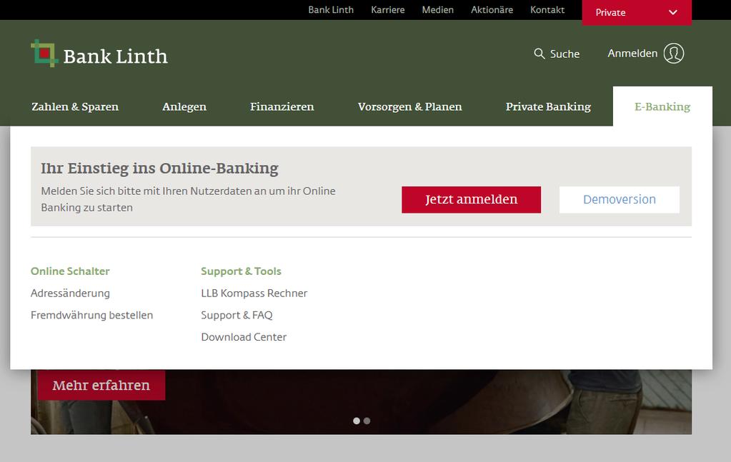 Grundfunktionen von Bank Linth Online Banking Einstieg ins Bank Linth Online Banking Anmelden Klicken Sie auf www.banklinth.ch beim Menüpunkt E-Banking auf «Jetzt anmelden».