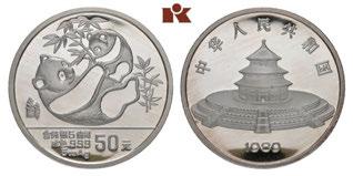 Stempelglanz 20,00 975 Volksrepublik. 50 Yuan (5 Unzen Silber) 1989. Panda. 155,35 g Feinsilber. K./M. 222. In Originaletui.