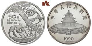 50 Yuan (5 Unzen Silber) 1990. Panda. 155,35 g Feinsilber. K./M. 273. Nur 5.000 Exemplare geprägt. In Etui. Mit Zertifikat.