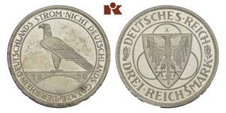 Dazu: 3 Reichsmark 1930 D. Rheinlandräumung. J. 344, 345. 2 Stück.
