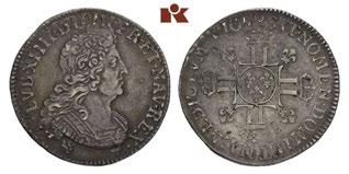 Künker elive Auction 41 Seite 69 EUROPÄISCHE MÜNZEN UND MEDAILLEN FRANKREICH KÖNIGREICH 330 Louis XIV, 1643-1715. 1/4 Ecu aux huit L 1704 (Jahreszahl von 1701 überprägt), Münzstätte nicht erkennbar.