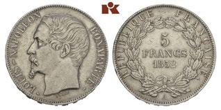 Vorzüglich 125,00 376 Louis Napoléon, Präsident der 2. Republik, 1848-1852. 5 Francs 1852 A, Paris. Dav. 94; Gadoury 726; Mazard 1184.