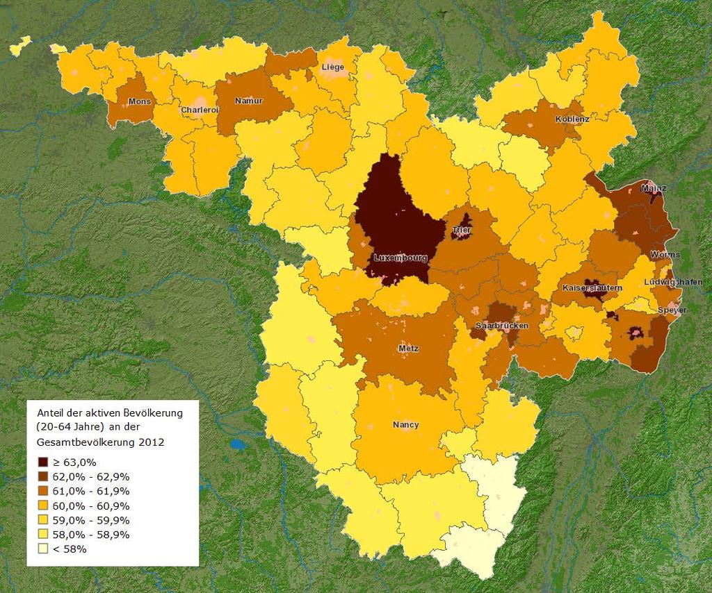 Anteil der aktiven an der Gesamtbevölkerung in aggregierten Gebieten der Großregion SaarLorLux 2012.