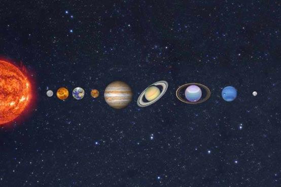 Planeten nicht im richtigen Größenverhältnis zueinander (Fotomontage Bernd Koch) Bildnummer: pl001-39 Das Sonnensystem,