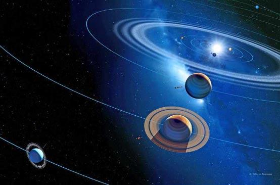 Planeten nicht im richtigen Größenverhältnis zueinander. Konjunktion Jupiter und Saturn.