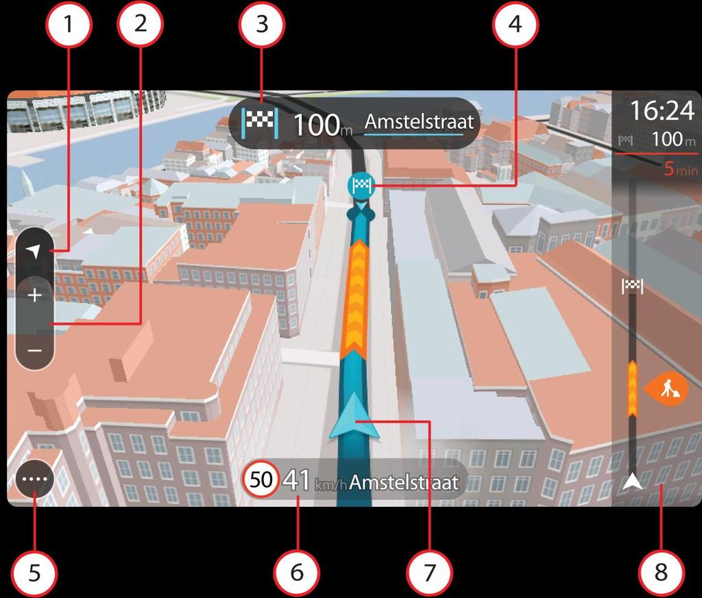 Wenn Ihr Navigationsgerät aus dem ausgeschalteten Zustand gestartet wird und Sie eine Route geplant haben, wird die Kartenansicht mit Ihrer aktuellen Position angezeigt. 1.