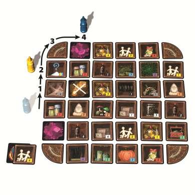 Bewegung der blauen Figur zur Reihe X Karte aufnehmen Der Spieler muss eine beliebige Karte aus der Reihe nehmen, neben der seine Spielfigur nun steht.