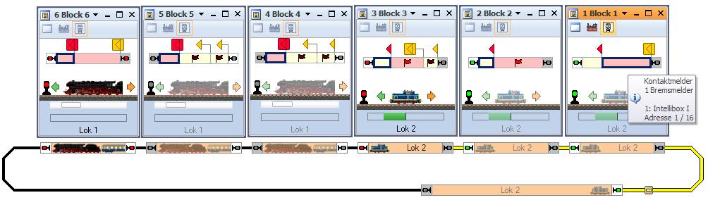 Der Zug hat den Bremsmelder von Block 1 erreicht. Dieser ist der Auslöser zu den virtuellen Bremsmelder der Blöcke 2 und 3.