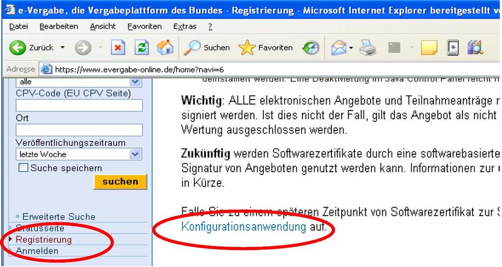 Um das Zertifikat einlesen zu können, rufen Sie die Webseite www.evergabe-online.de auf.
