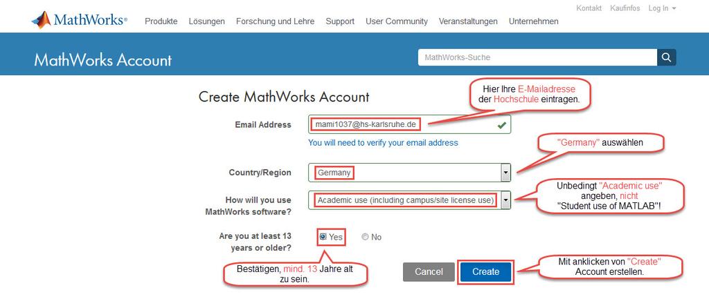 1. Anlegen eines MathWorks Accounts Installationsanleitung für MATLAB Diese Anleitung soll Ihnen helfen die Lizenz von MATLAB, Simulink und weitere begleitende Toolboxen zu registrieren und die