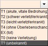 Das Aufnahmefeld verfügt über folgende Eingabefelder: Patienten ID Name/Vorname Geschlecht Alter Zugehörigkeit Fundort Sichtungskategorie Die ID, die Sie dem Patienten zuteilen.