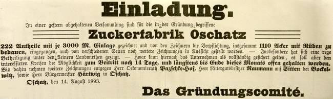 Zuckerfabrik Oschatz Oschatz, 4. September 1893.
