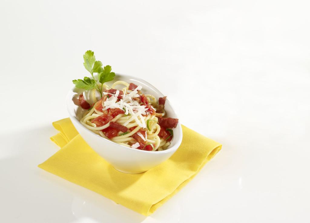 Spaghetti mit Tomaten, Bacon und Parmesan (Für 4 Personen) Zubereitungszeit: 30 min Schwierigkeitsgrad: leicht Garzeit ca.
