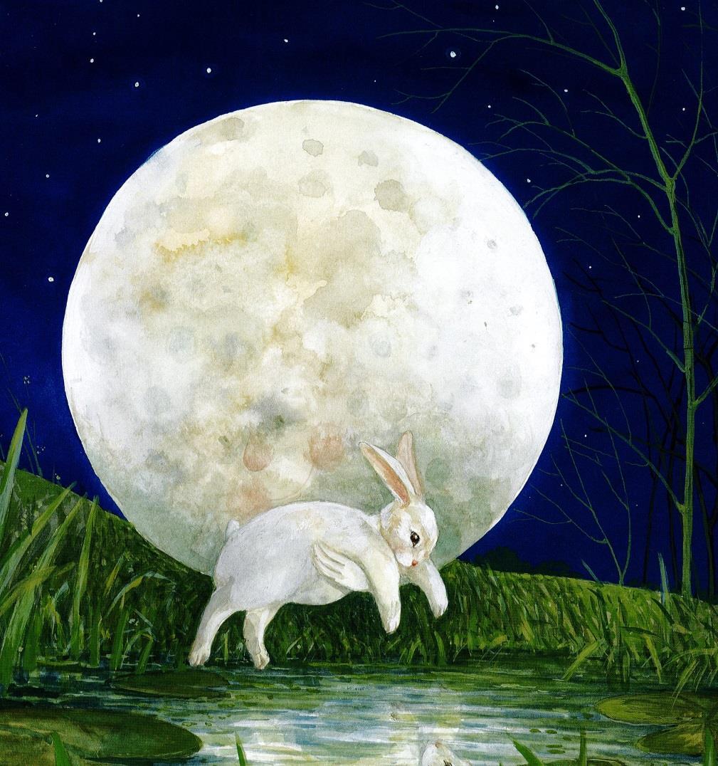Da hob der Mond den kleinen Hasen behutsam auf und sie stiegen langsam zum Himmel empor.