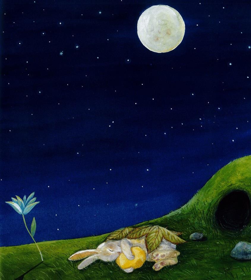 Als der kleine Hase am nächsten Morgen aufwachte, hielt er den Mondstein noch in seinen