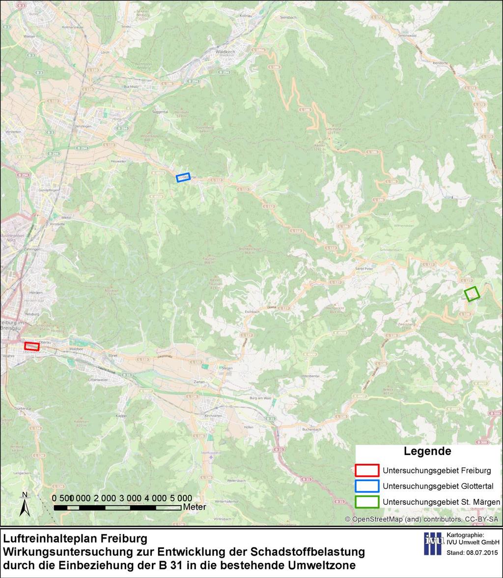 durch die Einbeziehung der B 31 in die bestehende Umweltzone 9 2 Untersuchungsgebiete Die Lage der drei zu untersuchenden Gebiete ist in Abbildung 2-1 vor einer topografischen Karte dargestellt.