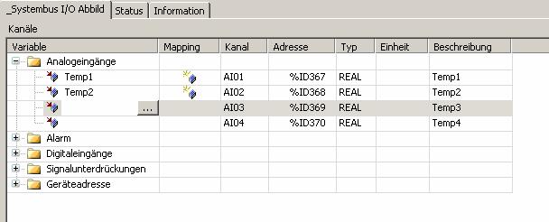 Eigene SPS-Anwendung Erzeugung der globalen Variablen Temp1 bis Temp4 vom Typ REAL Im IO-Abbild kann nun durch Doppelklick eine globale