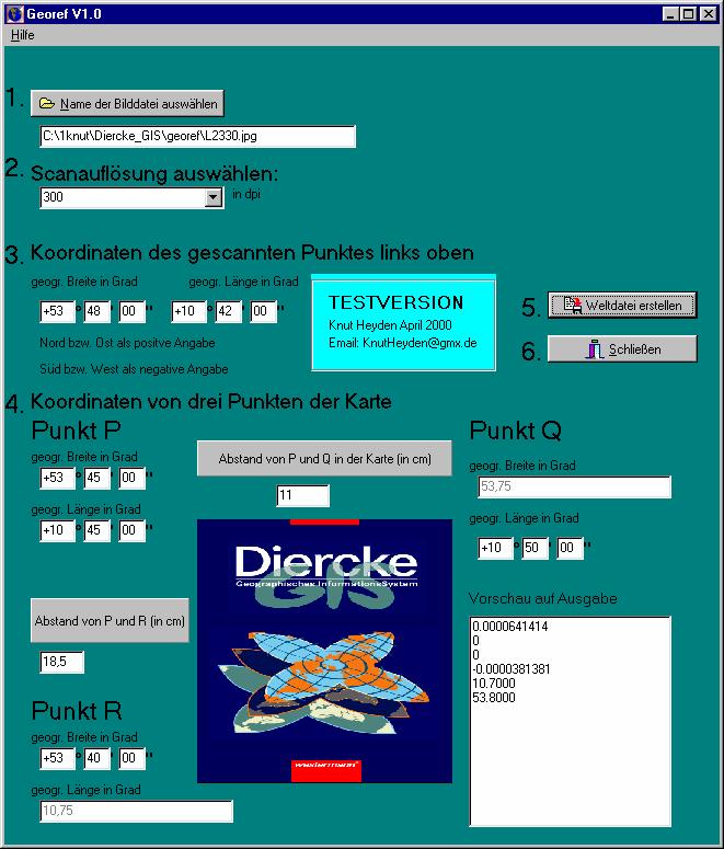 Georeferenzierungstool Georef V1.0 für gescannte Karten für Windows 95/98: Eingabe von: 1. Angabe bzw. Auswahl per Klicken des Dateinamens der gescannten Karte 2.