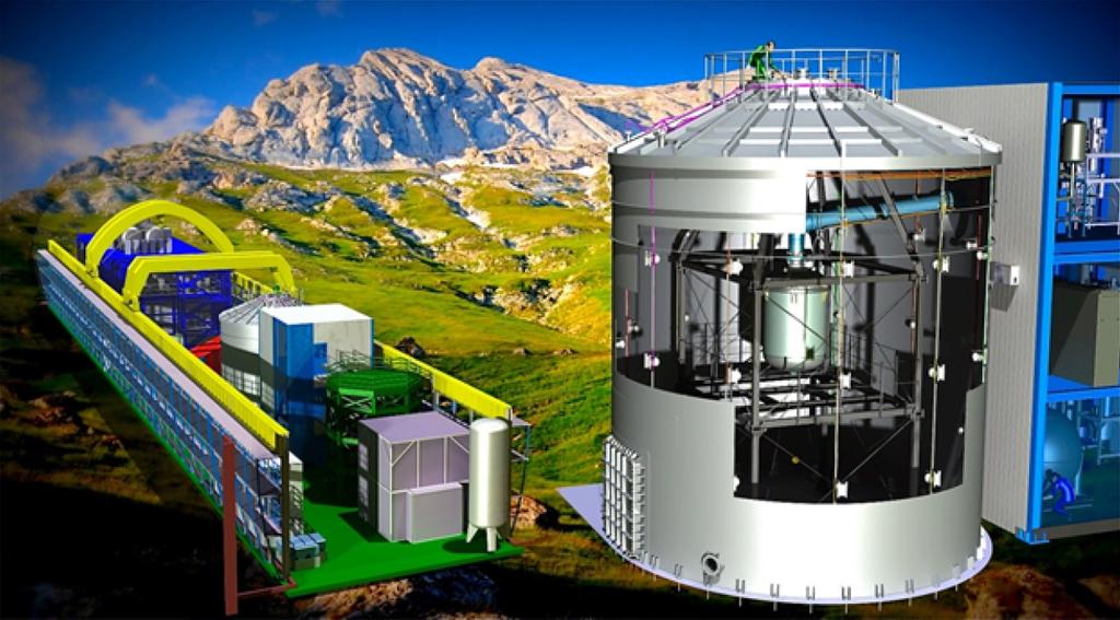 Abbildung 5: Das XENON Experiment im LNGS Untergrundlabor unterhalb des Gran Sasso Massivs (Hintergrund). Links: Skizze der Laborhalle. Rechts: Detektor im 10m hohen Wassertank.